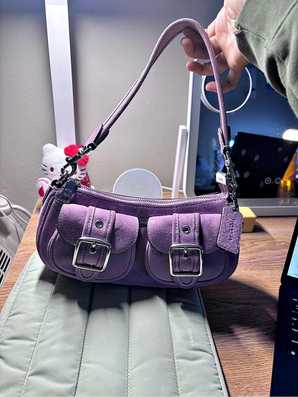 Coach Ashton Shoulder Bag In Suede & Smooth Leather Purple
